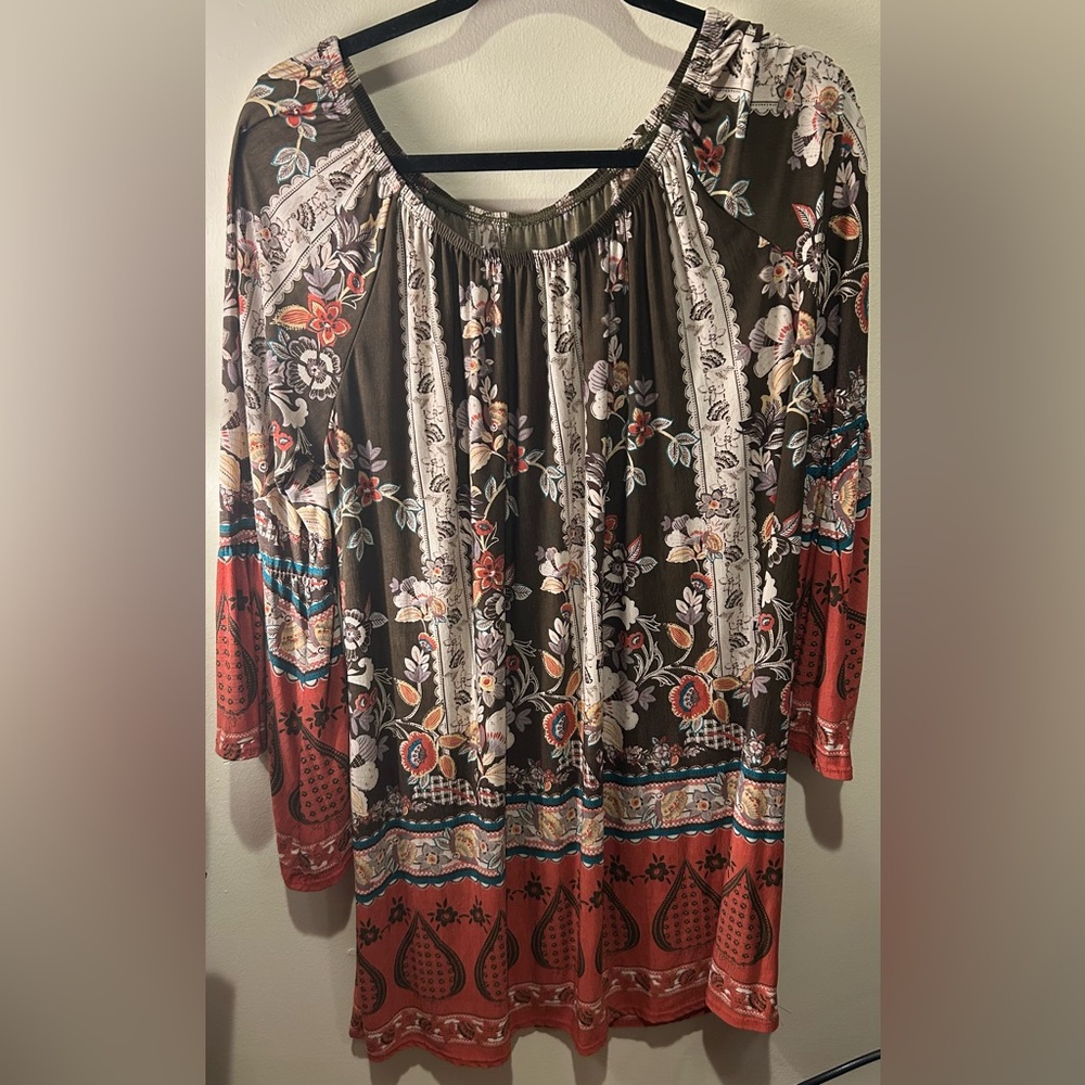 Super Cute Floral Bohemian Long Sleeve Mini Dress, Large
